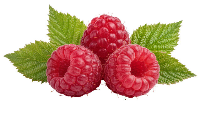 Three ripe red raspberries with green leaves, isolated on transparent background