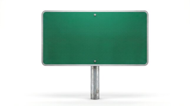 Green Highway Sign With Silver Post On White Background Isolated Roadway Information Display blank directional signage road marker