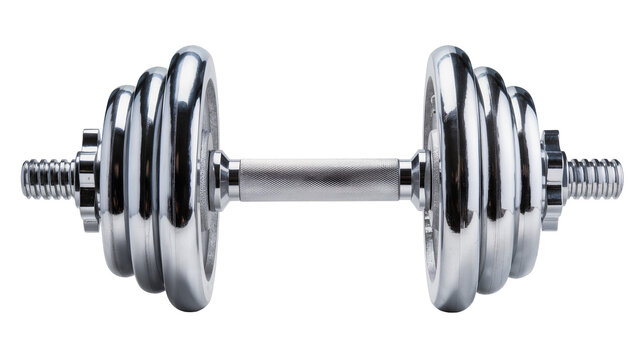 Chrome adjustable dumbbell with multiple weight plates, isolated on transparent background