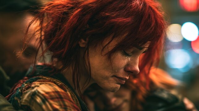 Red-haired woman with a tearful expression in a dimly lit urban setting