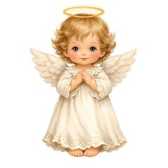 Fototapeta premium Illustration of a cute angelic child with wings and a halo, in a white gown.