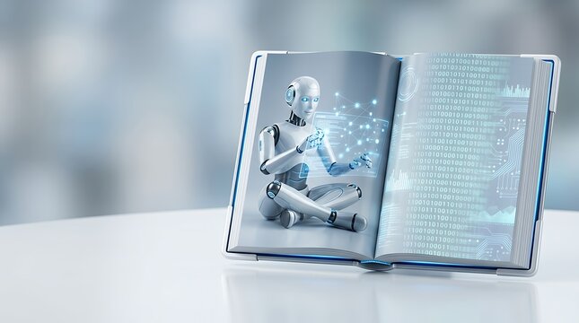 Introduction to Artificial Intelligence book. 3d rendering. Artificial Intelligence concept. Opened digital book introducing AI with binary code page. 3d rendering. robot introduction to artificial