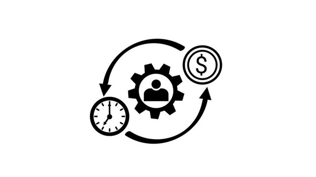 Featuring a gear with a person icon at the center, circular arrows rotate with a dollar coin and clock on a clean white background.