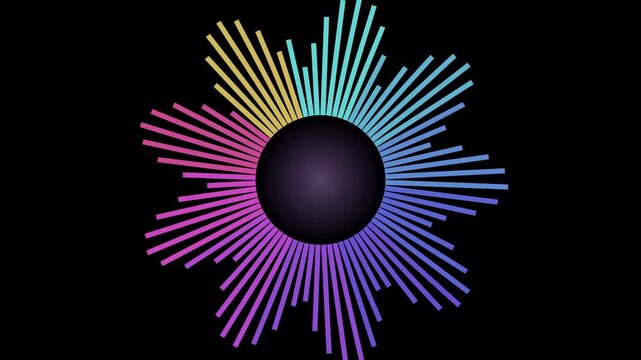 Abstract animated level bars with a radial layout drawn as blue and cyan glowing lines and dots on a deep dark background. Clean minimal motion graphics element with free space around it, ideal for ti