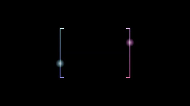Abstract animated brackets with a pair drawn as violet and blue glowing lines and dots on a deep dark background. Clean minimal motion graphics element with free space around it, ideal for title seque