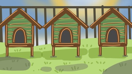 Digital illustration of wooden coops birdhouses on stilts near fence © Intan