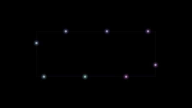 Abstract animated chasing squares drawn as violet and blue glowing lines and dots on a deep dark background. Clean minimal motion graphics element with free space around it, ideal for title sequences,