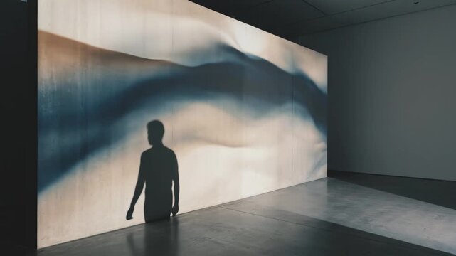 Abstract art exhibition in dark gallery with large digital projection screen and art sculpture