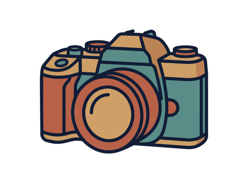 Stylized illustration of a retro camera with a lens