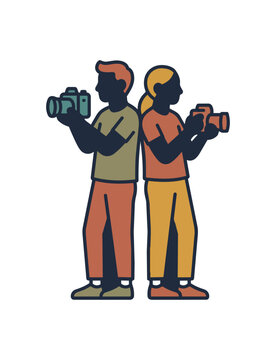 Two people holding cameras taking pictures illustration