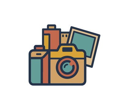 Vintage camera and film roll icon set retro photography concept