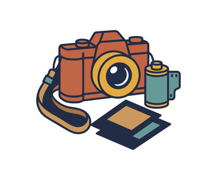 Vintage camera and film roll with photograph