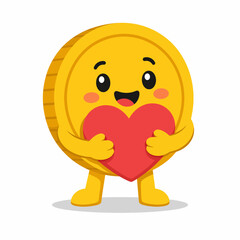 Fototapeta premium Cute Gold Coin Money Mascot Hugging Red Heart with Happy Expression Flat Vector Cartoon Character Isolated on White Background with Simple Shadow