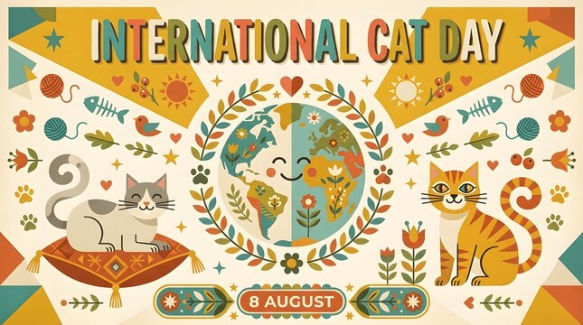 Floral Ornament With Cats And Globe Vector Illustration