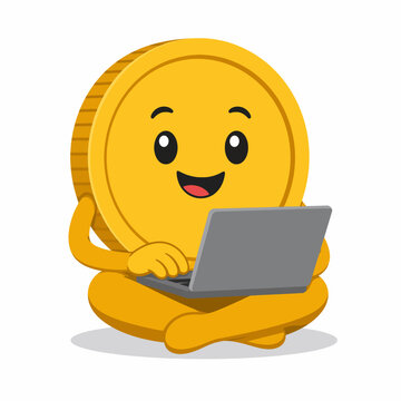 Cute Gold Coin Money Mascot Working on Laptop while Sitting Cross Legged Flat Vector Cartoon Character Isolated on White Background with Simple Shadow