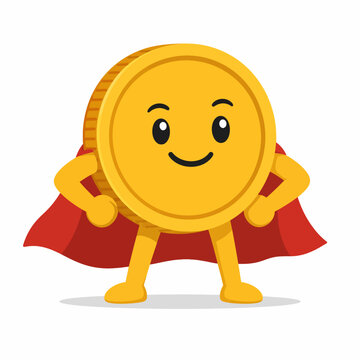  Cute Gold Coin Money Mascot Wearing Red Superhero Cape in Confident Pose Flat Vector Cartoon Character Isolated on White Background with Shadow