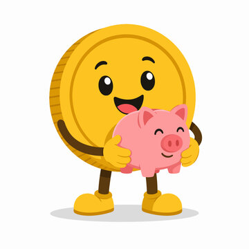 Cute Gold Coin Money Mascot Holding Pink Piggy Bank for Saving Concept Flat Vector Cartoon Character Isolated on White Background with Simple Shadow