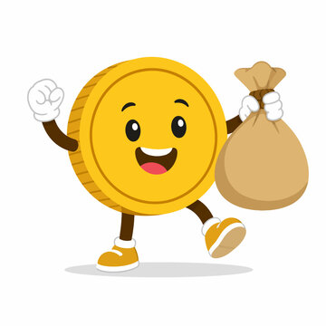  Cute Happy Gold Coin Money Mascot Carrying Large Money Bag Flat Vector Cartoon Character Isolated on White Background with Simple Ground Shadow