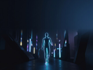 Fototapeta premium Glowing Cyan Neon Silhouette Man Walking Forward Dark Cyberpunk City Artificial Intelligence and Virtual Identity Concept.
