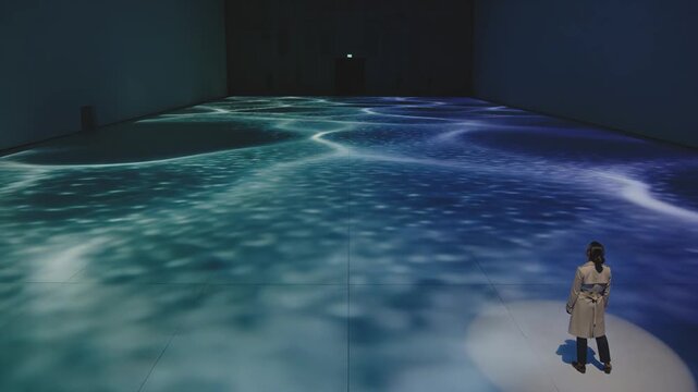 Interactive digital projection art exhibition with immersive light mapping on floor and visitor standing in dark room
