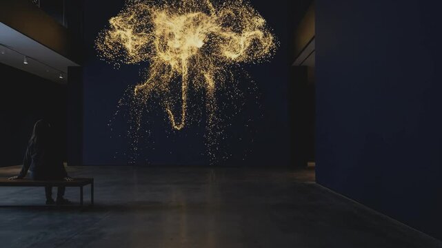 Immersive digital art display on large gallery wall showcasing glowing particle animations in modern museum interior