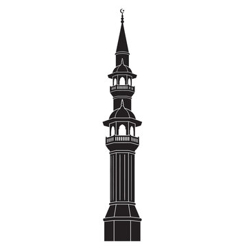 Tall Ottoman minaret, black and white vector silhouette, pure white background.