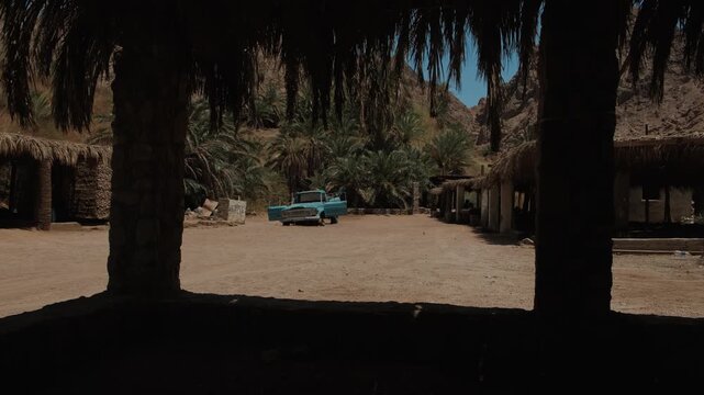 Life in a remote desert oasis viewed from natural shade revealing peaceful palm grove simple living extreme heat climate resilience and authentic travel destination