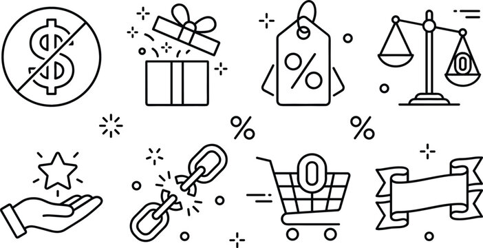 Free cost and zero fee retail consumer discount line icon set for marketing reward vector web elements.