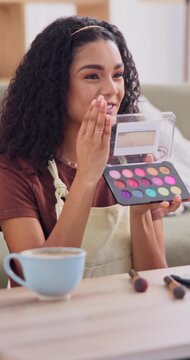 Show, talk and makeup with woman in home for influencer, promotion or brand presentation. Tutorial, cosmetics and beauty artist review with female person and eyeshadow in house for self care tips