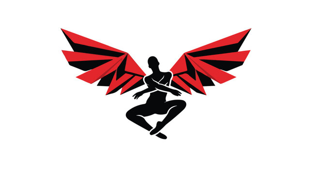 Stylized winged man vector illustration, black silhouette of a male figure with red geometric wings, modern mythological angel or fallen hero icon