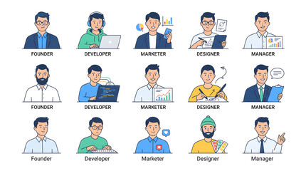 Fototapeta premium Collection of male avatars representing different professions like founder developer marketer designer and manager with descriptive labels for team identification.