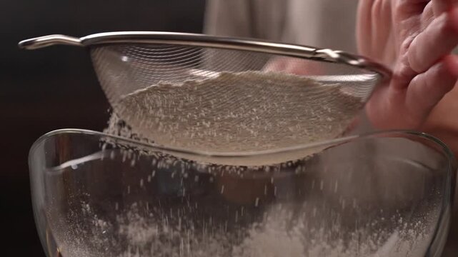 Close-up of a pastry chef's hands sifting flour through a sieve (slow motion).