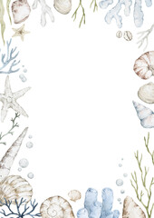 Frame with watercolor sea, ocean nature elements. Shells, corals, seaweeds, starfish, bubbles. Nautical card template