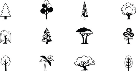 Set of black and white tree icons featuring diverse forest species and botanical silhouettes designed as a vector illustration isolated on transparent background © mdabdulmonaf