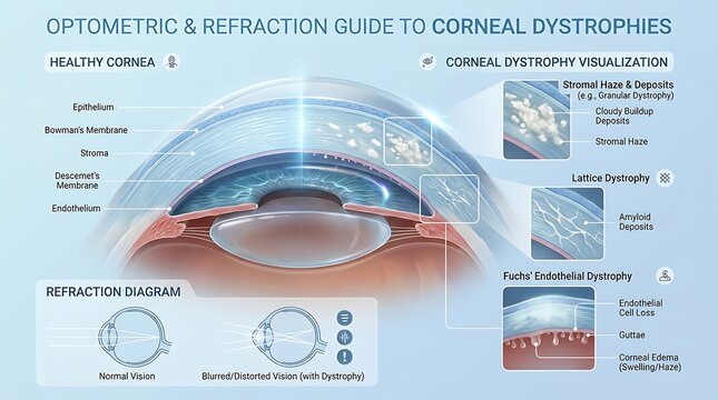Optometric guide to corneal dystrophies featuring a detailed cross-section of the eye, highlighting healthy layers versus pathological conditions like stromal haze, lattice, and endothelial dystrophy.
