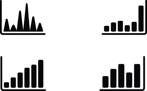 A collection of four diverse black bar chart business graphics representing statistical data analysis presented as a professional vector isolated on transparent background
