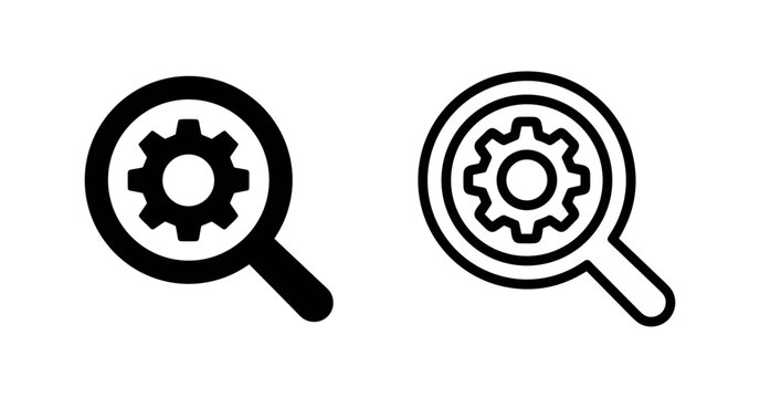 Gear search setting magnifying glass icon set