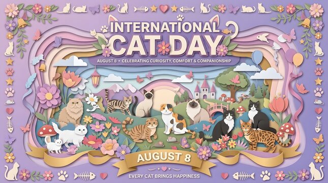 Layered Paper Cats And Floral Ornament International Cat Day Design