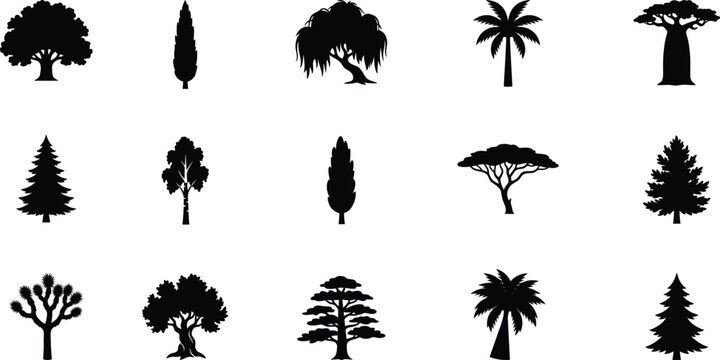 A collection of various black tree silhouettes featuring different species and shapes presented as a professional vector illustration isolated on transparent background