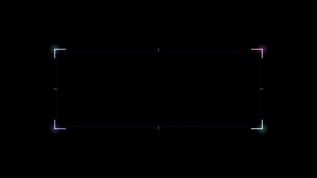Abstract animated frame border with corner marks drawn as blue and cyan glowing lines and dots on a deep dark background. Clean minimal motion graphics element with free space around it, ideal for tit