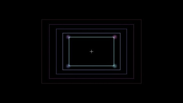 Abstract animated focus pull ring drawn as blue and cyan glowing lines and dots on a deep dark background. Clean minimal motion graphics element with free space around it, ideal for title sequences, u