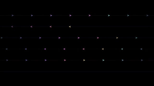 Abstract animated flow arrows drawn as cool blue-white glowing lines and dots on a deep dark background. Clean minimal motion graphics element with free space around it, ideal for title sequences, use