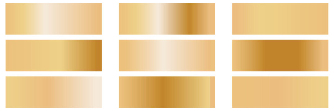 Golden premium gradient swatch palette set. premium golden gradients swatches set. Set gold gradient Chrome color foil texture background.