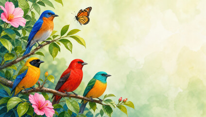 Fototapeta premium Colorful bird butterfly flower branch green leaf nature spring tropical wildlife cheerful vibrant