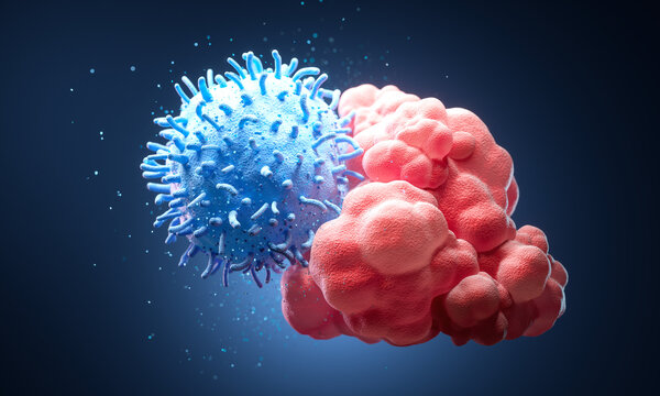 3d Illustration of CAR-T cell therapy showing T-cells attacking cancer cells.