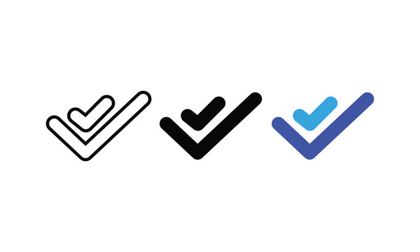 Double Check Mark Icon Set &ndash; Outline, Solid, and Blue Vector Collection Representing Approval, Confirmation, and Task Completion