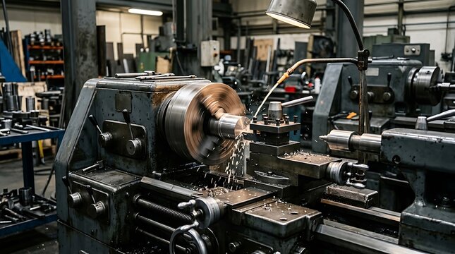 Industrial lathe machine processing metal part in factory workshop