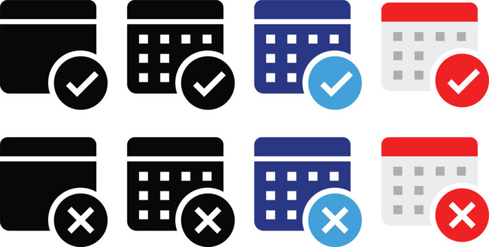 Calendar check and cross icon set. Schedule status symbols with checkmark and cancel mark. Date availability and booking design. Flat vector design in black, blue, and red colors sign