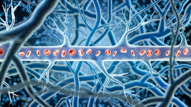 Blood vessels through which red and white blood cells flow. 3d illustration.