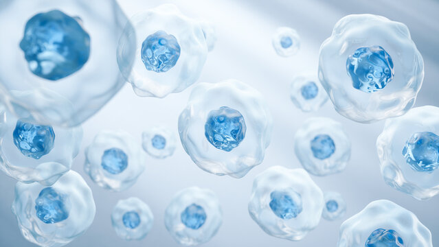 human cell structures under a microscopic view. Scientific visualization of cellular biology, biotechnology research, and medical science background, 3D illustration.